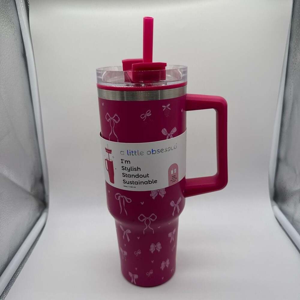 A Little Obsessed 40oz Stainless Steel Insulated Tumbler with Bow Pattern